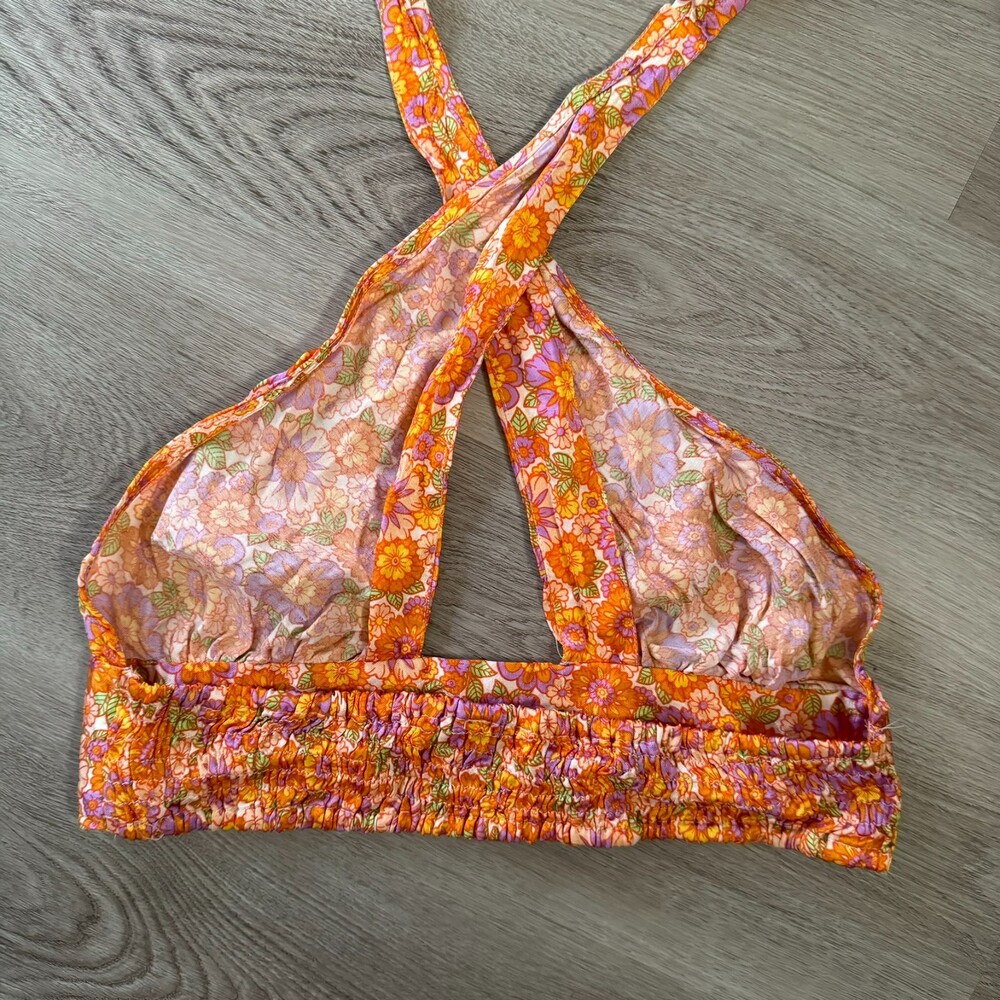 Topshop Floral Halter Crop Top in Pink and Orange - Picture 9 of 9